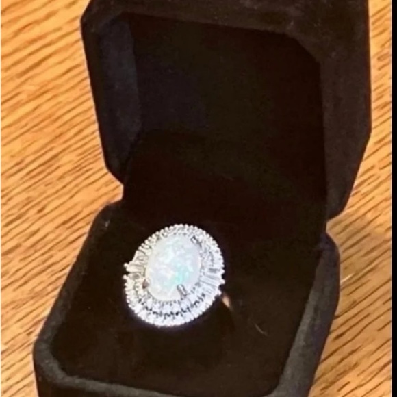 14K White Gold Ring Opal 5CT Halo Diamond Oval Baguette Wedding Engagement - Picture 9 of 11